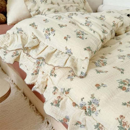VM VOUGEMARKET 100% Muslin Cotton Duvet Cover Set Twin for Teen Girls,Vintage Flower Comforter/Quilt Cover with Romantic Ruffles,Soft, Breathable & Lightweight