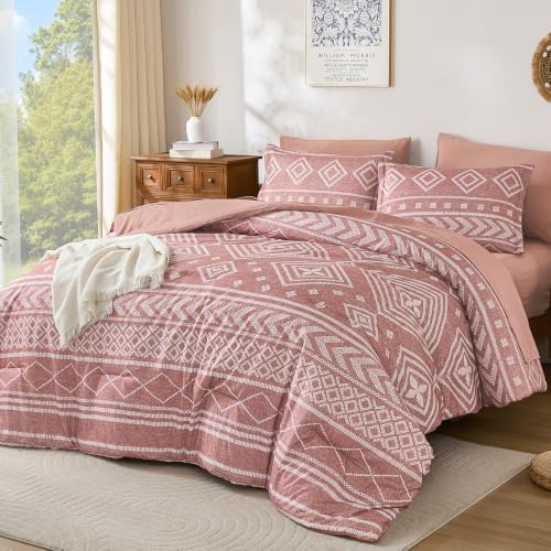 Yiran Boho Comforter Set Queen Size, 7 Pieces Aztec Blush Bed in a Bag