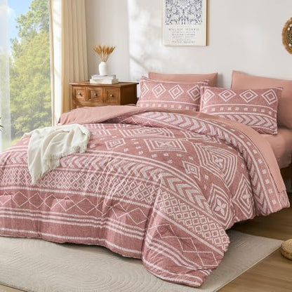 Yiran Boho Comforter Set Queen Size, 7 Pieces Aztec Blush Bed in a Bag