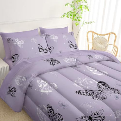 QOOMO Purple Butterfly Dandelion 7pcs Comforter Set Twin Size
