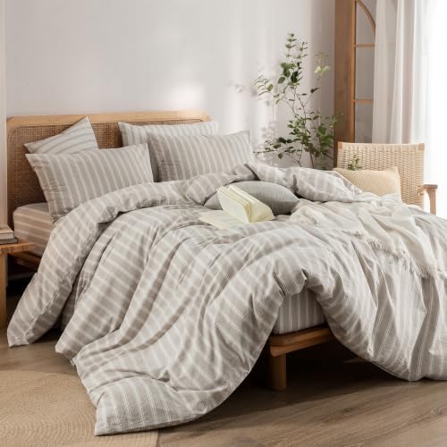 BESTOUCH Striped Cotton Duvet Cover Set Linen Feel Full