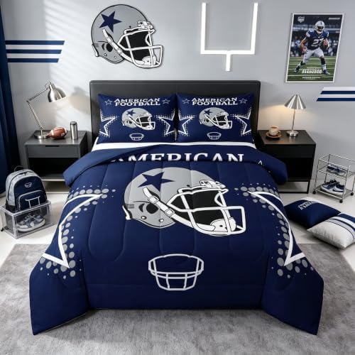 American Football Comforter Set Full Size Rugby Helmets Bedding Set 3pcs for Kids Boys Teens Men Bedroom Decor Ball Sports Gaming Quilted Duvet Modern Grey Stars Print Duvet Insert,Navy Blue
