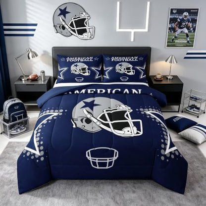 American Football Comforter Set King Size Rugby Helmets Bedding Set 3pcs for Kids Boys Teens Men Bedroom Decor Ball Sports Gaming Quilted Duvet Modern Grey Stars Print Duvet Insert,Navy Blue
