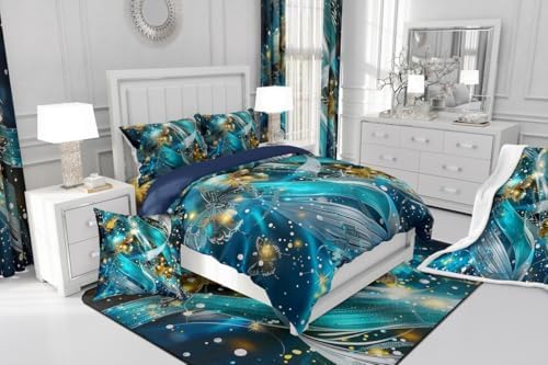 jejeloiu Teal Blue Butterfly Comforter Set Twin Size Kids Butterfly Stripe Bedding Set for Boys Girls Teens Glitter Duvet Breathable Animal Quilt Bedroom Decor,1 Comforter with 1 Pillowcase