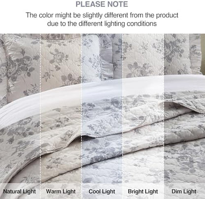 HORIMOTE HOME Greyish Blue Ruffled Quilt Queen Size with 2 Pillow Shams, Shabby Chic Reversible Floral Bedspread Coverlet, Soft Lightweight Comforter Bed Cover for All Season, 3 Pieces, 90x96 inches