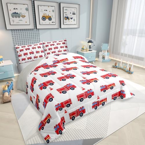 Erosebridal Cartoon Fire Truck Bedding Set King, Red Firemen Car Comforter Set, Fire Engine Comforter for Kids Men Teens Boys Room Decor, White Quilt with 2 Pillowcases, 3 Pcs, Microfiber