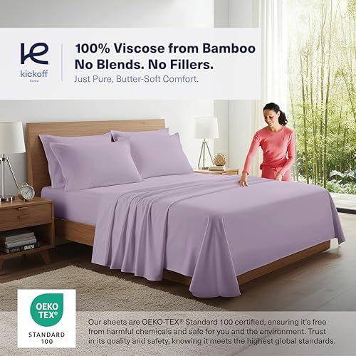 Kickoff Viscose Bamboo Sheets Queen Size 4-pc 100% Organic Bamboo Viscose Bed Cooling Sheets Queen Size Set Cool Bedding for hot Sleepers Sheet Set - Gift Ready Packaging (Lavender, Q)