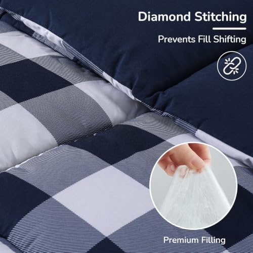 downluxe Lightweight Plaid Comforter Set (Queen) with 2 Pillow Shams - 3-Piece Set - Blue/White Plaid - Down Alternative Reversible Comforter