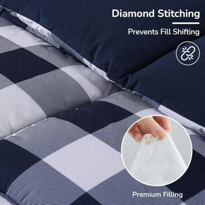 downluxe Lightweight Plaid Comforter Set (Queen) with 2 Pillow Shams - 3-Piece Set - Blue/White Plaid - Down Alternative Reversible Comforter