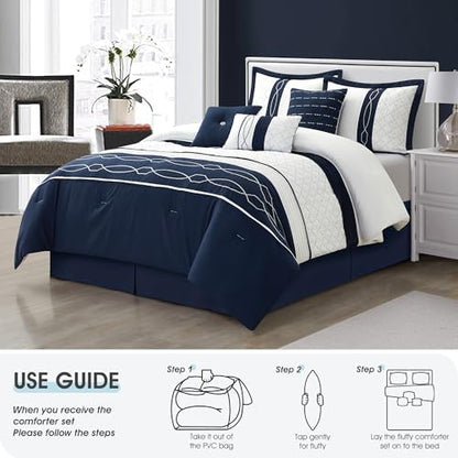 LANCO MODERN LIFESTYLE 7 Piece Comforter Set, King, White Navy Geometric Design, 100% Polyester, Luxury All Seasons Bed Set Includes Comforter, Bed Skirt, Pillow Shams, and Decorative Pillows