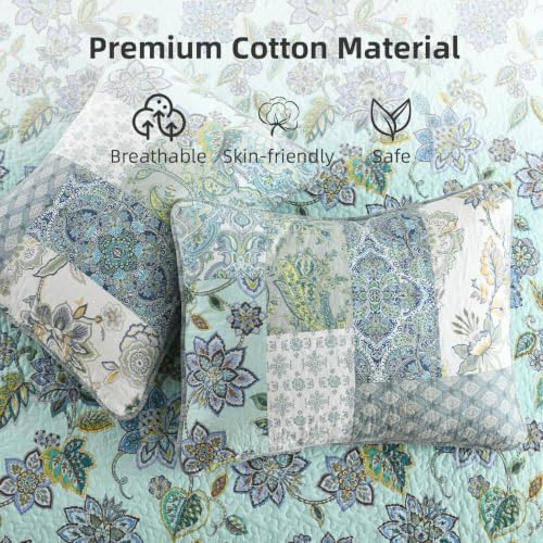 Yvooxny 3-Piece Quilt Set Queen Size Patchwork Paisley Turquoise Floral