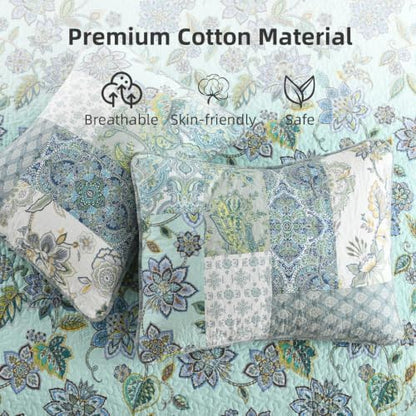 Yvooxny 3-Piece Quilt Set Queen Size Patchwork Paisley Turquoise Floral