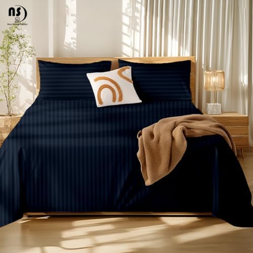 NON Sticky cotton Full 4 Piece Sheet Set, 100% Long Staple Cotton, Soft Cooling Hotel Luxury Bedding Sheets, Deep Pocket Fits 10" to 18" Mattress, 54" x 75", Navy Blue Stripe