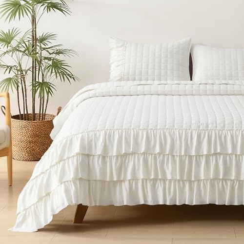 HORIMOTE HOME Ivory Ruffled Quilt Set Twin Size, Classic Geometric Square Stitched Pattern, Pre-Washed Farmhouse Shabby Chic Microfiber Lightweight Bedding Set Bedspread Coverlet for All Season