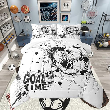 Erosebridal Kids Football Comforter Set Twin Size American Soccer Bedding Set Sports Games Duvet Sets for Boys Girls Children Teens Geometric Polygon Quilt for Bedroom, Black White