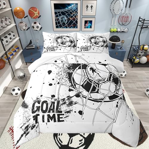 Erosebridal Kids Football Comforter Set Queen Size American Soccer Bedding Set Sports Games Duvet Sets for Boys Girls Children Teens Geometric Polygon Quilt for Bedroom, Black White