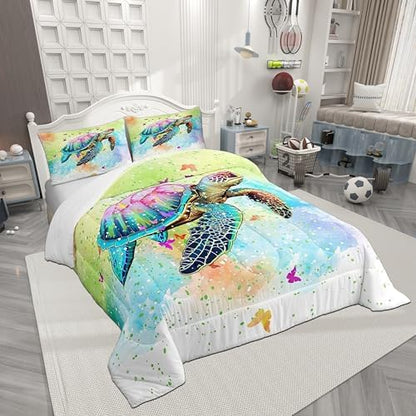 Castle Fairy Sea Turtle Comforter Set King Size,Watercolor Tortoise Butterfly Bedding Set for Girls Teens Bedroom Present,Girly Dreaming Style Soft Chic Quilted Duvet with 2 Pillowcases
