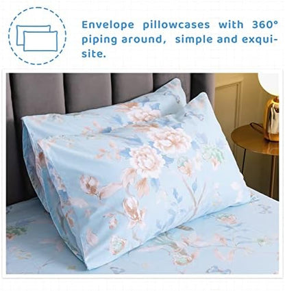QSH Floral Bed Sheets Set King Size - Luxury Bird Buttefly Print Bed Sheet Set - 100% Egyptian Cotton Extra Soft and Breathable - 4 pcs Deep Pockets - Flower Bed Sheets