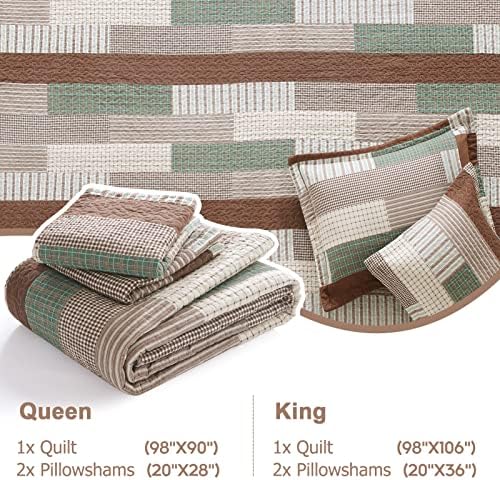 Finlonte Quilt Queen Size 100% Cotton Queen Size Quilts Brown Green Beige Bedspreads Plaid Quilts Lightweight Soft Breathable Bedding Sets for All Season, 3 Piece