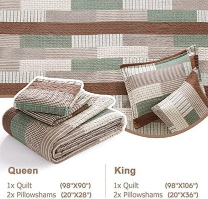 Finlonte Quilt Queen Size 100% Cotton Queen Size Quilts Brown Green Beige Bedspreads Plaid Quilts Lightweight Soft Breathable Bedding Sets for All Season, 3 Piece