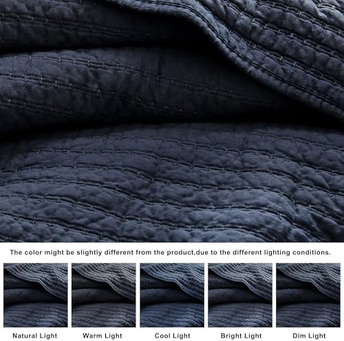 WDCOZY 100% Cotton California King Size Quilt Set, Pick Stitch, Navy Blue