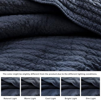 WDCOZY 100% Cotton King Size Quilt Set, Channel Pick Stitch, Navy Blue