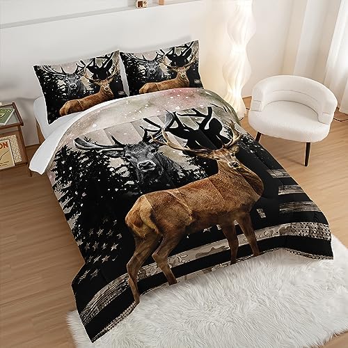 HOSIMA Snowy Forest Deer Comforter Set with 2 Pillowcases,Camo American Flag Queen Comforter Set Hunting Bedding for Teen Mens Bedroom Essentials,Wildlife Elk Comforter Boys Room Decor.