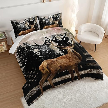 HOSIMA Snowy Forest Deer Comforter Set with 2 Pillowcases,Camo American Flag King Size Comforter Set Hunting Bedding for Teen Mens Bedroom Essentials,Wildlife Elk Comforter Boys Room Decor.