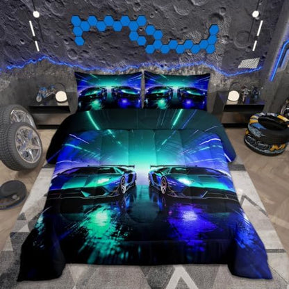 Feelyou Blue Racing Car Bedding Set Soft for Boys Girls, Boys Sports Car Comforter Set Full Size Racing Extreme Sports Duvet Quilt Microfiber Speed Sports Bedroom Decor 3 Pcs with 2 Pillow Cases
