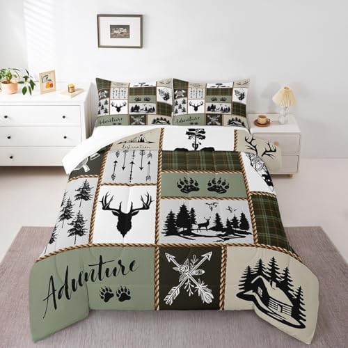 Rustic Farmhouse Kids Comforter Set Twin Size,Deer Antlers Bear Paws Plaids Patchwork Bedding Set for Boys Girls Adults Room Decor,Pine Trees Arrows Down Comforter,Retro Duvet Insert,1 Pillowcase