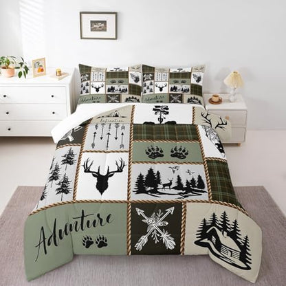 Rustic Farmhouse Kids Comforter Set Twin Size,Deer Antlers Bear Paws Plaids Patchwork Bedding Set for Boys Girls Adults Room Decor,Pine Trees Arrows Down Comforter,Retro Duvet Insert,1 Pillowcase