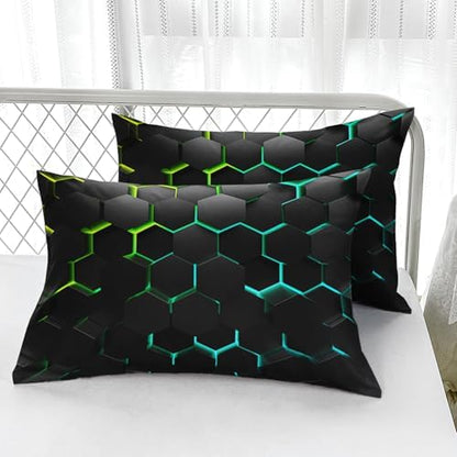 Geometric Green Black Neon Comforter Set,Light Honeycomb 3 Piece Bedding Set King for Teen Boys,Modern Bedding Quilt Set Geometry Decor,Microfiber Lightweight 1 Comforter 2 Pillowcases All Season