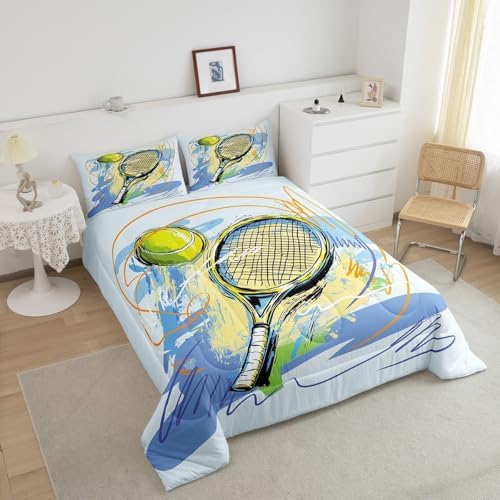 Tennis Sports Comforter Set Toddler Size Watercolor Street Graffiti Bedding Set Bedroom Decor Tennis Racket Quilt Set for Kids Boys Teens Modern Ball Gaming Theme Breathable Duvet Insert 2Pcs
