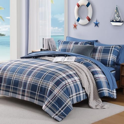 Plaid Full Size Comforter Set Medium Blue 7 Pieces Farmhouse Bed in a Bag