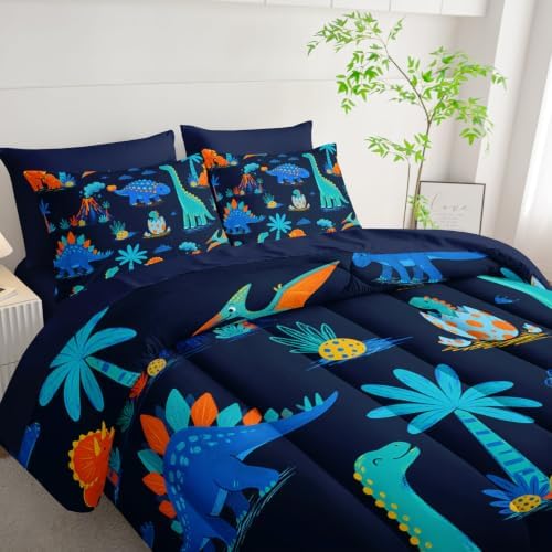 HOSIMA Cute Dinosaur 7 Pieces Queen Bedding Sets for Kids Boys Room Decor.