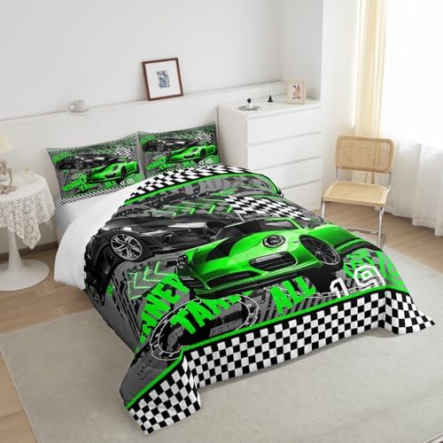 Green Sports Car Children Comforter Set,Race Cars Bedding Set for Kids Boys,Adults Soft Extreme Sports Game Comforter,Teens Racing Theme Quilted Duvet Set Bedroom Collection King Size 3Pcs