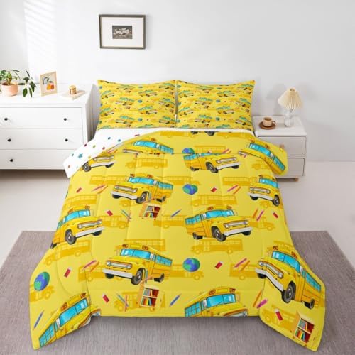 Feelyou School Bus Comforter Set Queen Size Yellow Cartoon Truck Bedding Set for Kids Boys Girls Transport Vehicles Duvet Quilt Bedroom Decor Microfiber 3 Pcs with 2 Pillow Cases