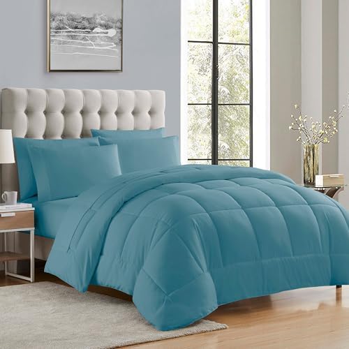 King Size Comforter Set with Sheets - 7-Piece Bedding Collection - 1 Comforter, 1 Fitted Sheet, 1 Flat, 4 Pillowcases - Deep Pocket - Soft & Premium Quality - Ideal for All Seasons, Misty Blue