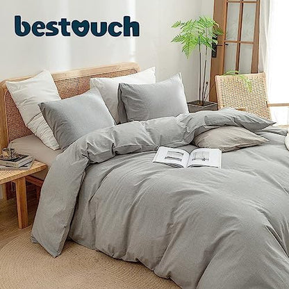 BESTOUCH Cotton Solid Duvet Cover Set Linen Feel Light Grey King