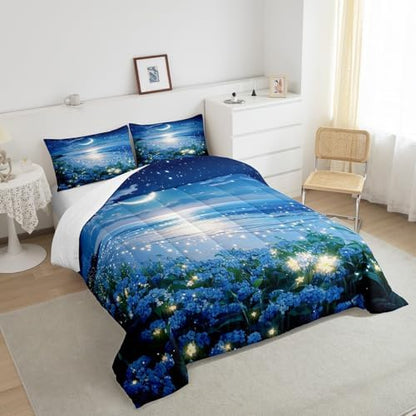 Homewish Coastal Beach Bedding Set Full Size,Blue Floral Comforter Set 3Pcs for Kids Girls Boys Teens Room Decor,Moon Night Quilt Set Blue Dreamy Romantic Duvet Insert,2 Pillowcases