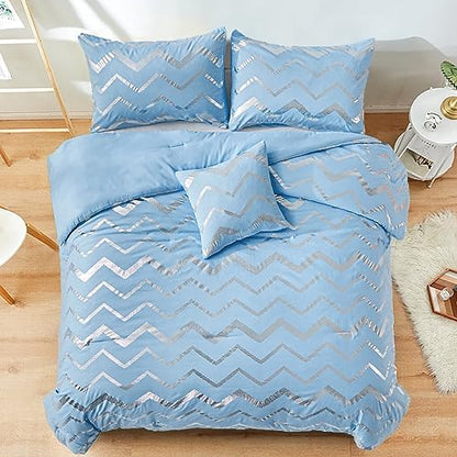 Menghomeus Blue/Silver Comforter Set 4 Piece Queen Size Bedding Set for Kid