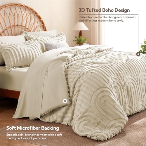MR&HM Boho Comforter Set Full 7 Pcs, Beige Western Arch Tufted Bedding Set
