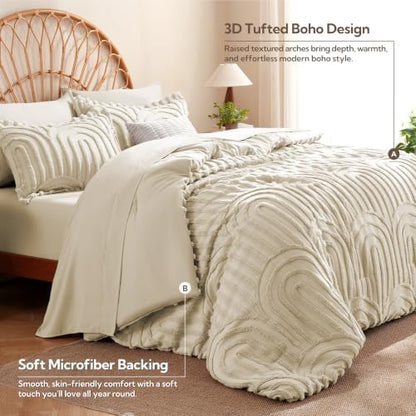 MR&HM Boho Comforter Set Full 7 Pcs, Beige Western Arch Tufted Bedding Set