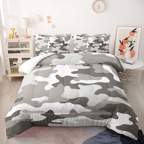 Nttopship Camo Comforter Set for Girls Men，King Size Grey Camouflage Bedding Sets for Kids Boys,Ultra Soft Lightweight Bedding Sets，Kids Room Decor with 1 Comforter with 2 Pillow Case