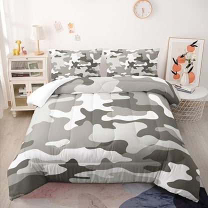 Nttopship Grey Camo Comforter Set for Girls Men，Twin Size Grey Camouflage Bedding Sets for Kids Boys,Ultra Soft Lightweight Bedding Sets，Kids Room Decor with 1 Comforter with 2 Pillow Case