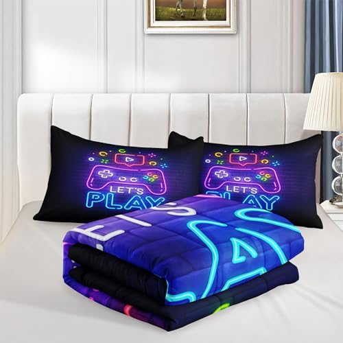 6 PCS Gaming Bedding Sets,Purple Gaming Comforter Set for Boys,Kids Bedding Set for Boys,Full Size Bedding Sets for Boy,Bed in A Bag with Sheets(Full,Purple Color)