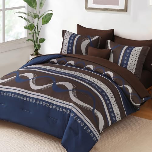 Blue Brown Comforter Set Full Size,8 Pieces Patchwork Striped Bed in a Bag