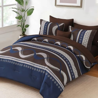 Blue Brown Comforter Set King Size,8 Pieces Patchwork Striped Bed in a Bag