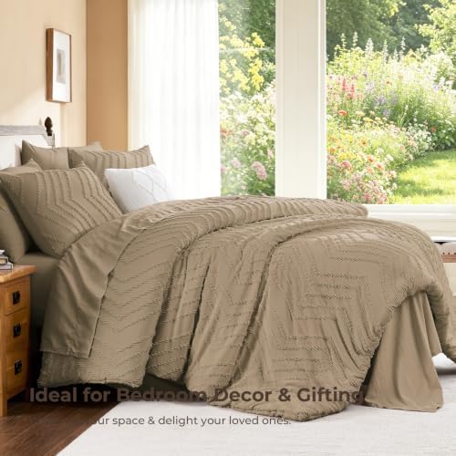 Litanika Taupe Oversized King Comforter with Sheets, 7 Pieces Boho Bed Set