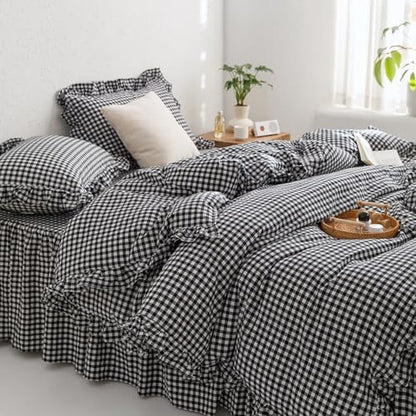 mixinni Black White Gingham Ruffle Duvet Cover Twin XL Size 3 Pieces – 100% Washed Cotton, Vintage Plaid Ruffled Bedding Set with Zipper Ties, Soft Checkered Grid Farmhouse Chic Comforter Cover Set